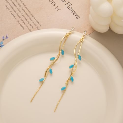 Temperament Long Zircon Tassel Earrings for Women Charm Jewelry Sparkling Crystal Leaves Twist Dangle Earrings for Friends - color: Gold-Bule Leaves