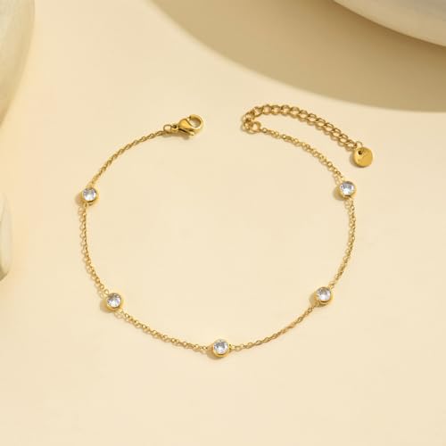 Dainty Ankle Bracelets for Women 18K Gold Plated Satellite Beaded Herringbone Lip Chain Anklets Simple Minimalist Summer Beach Foot Jewelry Christmas Gifts - color: 5 CZ-Gold