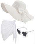 3 Pcs Summer Beach Set for Women Wide Brim Straw Sun Hat, Swimsuit Coverup Sarong, Heart Sunglasses - color: White