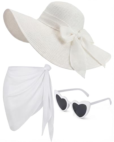3 Pcs Summer Beach Set for Women Wide Brim Straw Sun Hat, Swimsuit Coverup Sarong, Heart Sunglasses - color: White