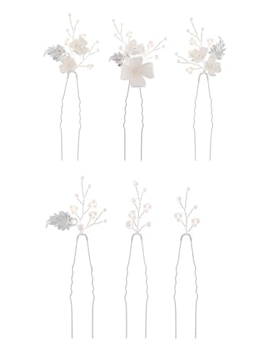 Handmade Pearl Bridal Wedding Hair Pins 6Pcs White Flower Gold Leaf Pearls Clips Bridal Hair Accessories for Women Brides Bridesmaid - color: Silver / Pearl White Flower