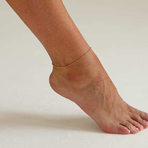 Dainty Ankle Bracelets for Women 18K Gold Plated Satellite Beaded Herringbone Lip Chain Anklets Simple Minimalist Summer Beach Foot Jewelry Christmas Gifts - color: Ball Chain-Gold