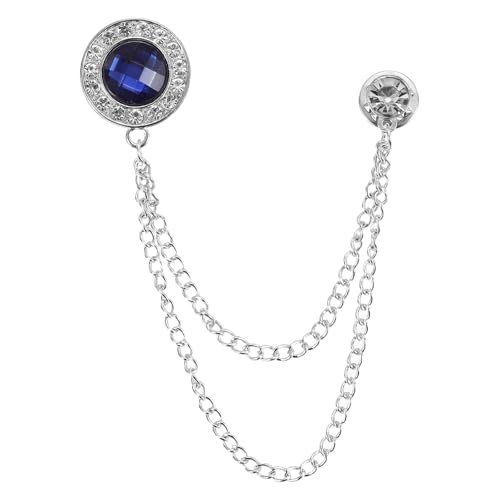 PATIKIL Gem Chain Brooch Pins, Hanging Chain Brooch Suit Pin Tassel Chain Round Crystal Badge Lapel Collar Pins for Men Shirts - color: Silver Tone(Blue)