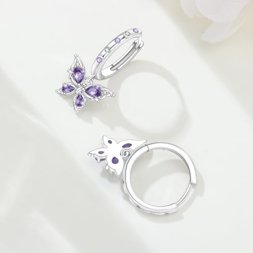 925 Sterling Silver Dangle Earrings for Women, Butterfly&Bee Animals Design, Hypoallergenic Jewelry gifts - color: Purple stone inlaid butterfly earrings