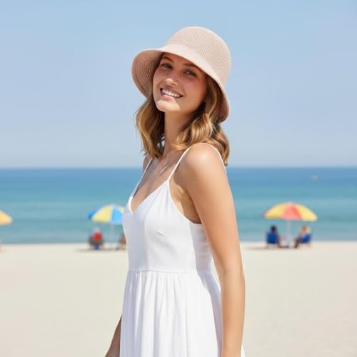 Women Straw Hat Beach Sun Cap Foldable Paper Knitted for Travel Summer Vacation Soft Lightweight Breathable - color: Pink