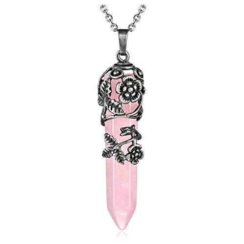 Top Plaza Antique Silver Flower Wrapped Natural Rose Quartz Healing Crystal Necklace Mothers Day Mom Gifts - color: Rose Quartz
