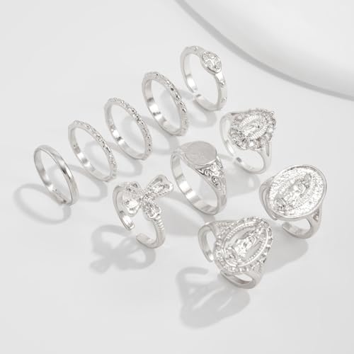 10Pcs Retro Gold Stackable Rings Sets for Women Trendy Vintage Cross Rings Pack Chunky Knuckle Finger Ring Minimalist Statement Jewelry - color: Silver