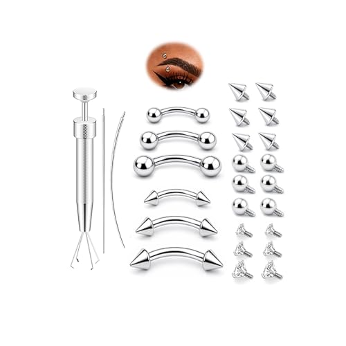 Eyebrow Piercing Jewelry Set with Tool, Surgical Steel Curved Barbell Kit with CZ, Spike & Ball Replacement Ends, Internal Thread 6mm/8mm/10mm Rook Daith Lip Rings for Women Men - color: 14G Silver