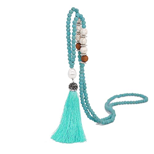 Handmade Multicolor Long Tassel Fringe Pendant Necklace Turquoise Pearl Crystal Mala Beads Necklace for Women Ethnic Boho Prayer Jewelry - color: blue green