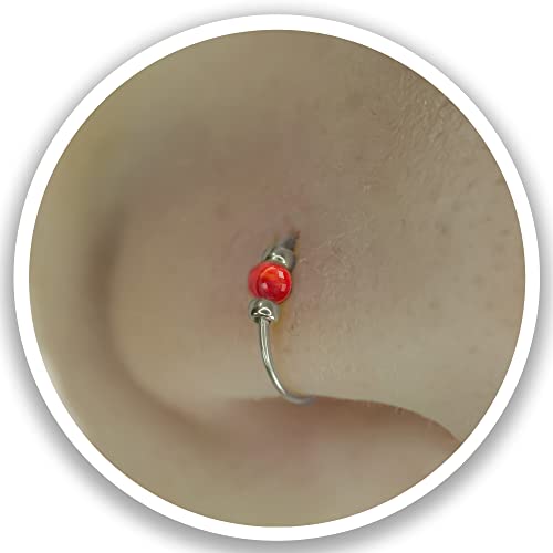 925 Sterling Silver & 14K Gold Filled Nose Ring Hoop Handmade Piercing Jewelry For Women - 24 Gauge 2mm,7mm Tiny Nose Ring with Opal - Gift Ready - color: Red Opal Silver