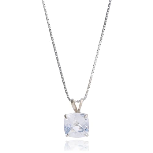 MAX + STONE Cushion Cut Gemstone Necklace | 8mm Solitaire Birthstone Necklace for Women | Gemstone Pendant Necklaces with 18 inch Box Chain - color: Created White Sapphire