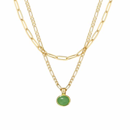 Green Aventurine Stone Pendant Necklace for Women Dainty 18K Plated Gold Chain Choker Necklace,Layered Necklace,Jewelry Set Non Tarnish - color: Green-Layered necklace