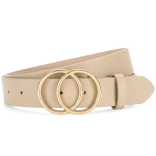 SANSTHS Womens Leather Belt for Jeans Pants Fashion Waist Belts Gold Silver Double Ring Buckle - color: Beige-gold Buckle, size: Fits Waist 25-29 inch
