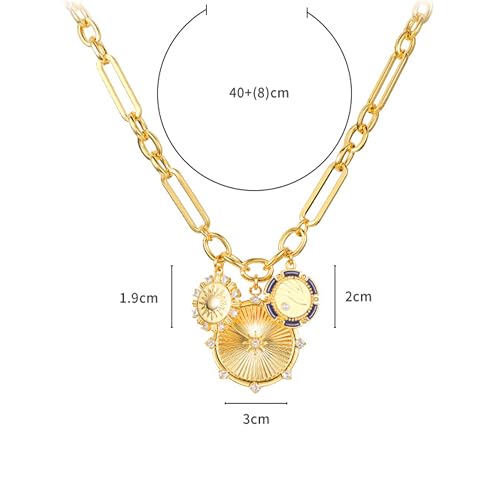 Sun Coin Charm Choker Necklace for Women Men 18K Gold Plated With Zircons Inlaid Pendants Thick Chunky Paperclip Chain Hip Hop Necklace Unisex Jewelry Cuban Link Chain Trendy