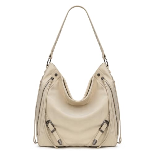 Wrangler Large Hobo Purses and Handbags for Women with Buckle and Fringe Zipper Faux Suede Shoulder Bag - color: Beige