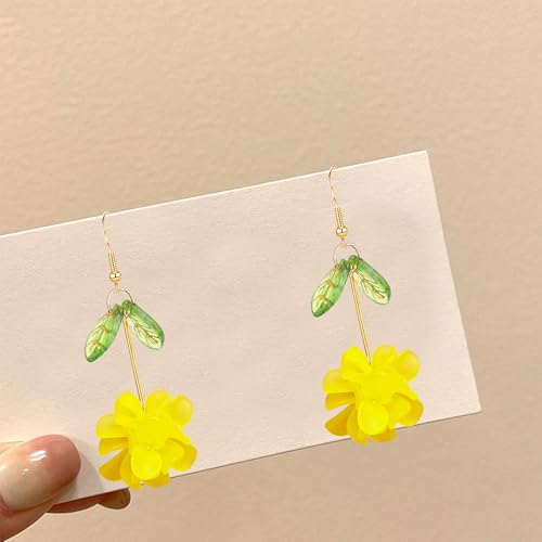 Resin Flower Cluster Ball Dangle Drop Earrings for Women Spring Summer Bohemian Floral Petal with Green Leaf Earrings Vacation Party Jewelry - color: Yellow