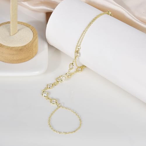 Hand Chain Bracelet Stainless Steel Finger Ring Bracelet Adjustable Gold Plated Hand Chain CZ Stackable Boho Minimalist Jewelry for Women - color: Gold Hand Chain Bracelet AN143G