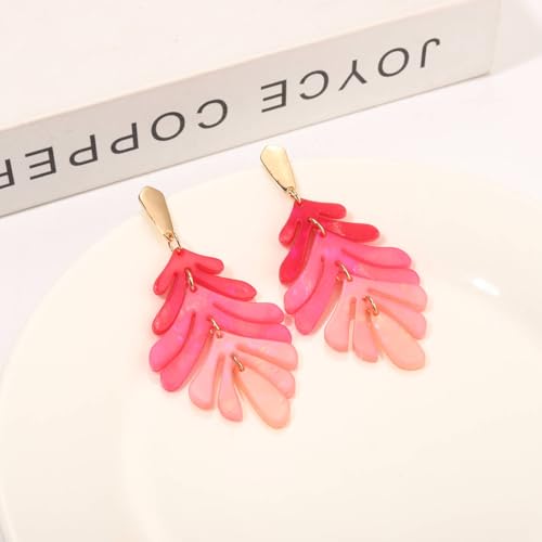 ARATLENCH Acrylic Pendant necklace Earrings – Long Statement Leaf Charm Necklace Tortoise Resin Palm Leaf Earrings Fashion Necklaces Earrings for Women - color: hot pink