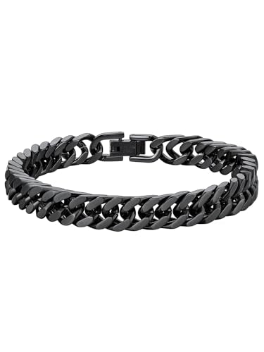 ChainsHouse Stainless Steel Cuban Link Bracelet, 8mm/12mm/17mm Width, 7.5"/8.3"/9", 18K Gold Plated Chain Wrist Bracelets for Men Women, Send Gift Box - color: F: Black-8mm width
