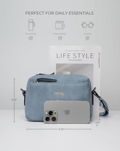 Alldaily Small Triple Zip Crossbody Purse for Women, Vegan Leather Phone Bag with Wide Shoulder Strap - color: Blue