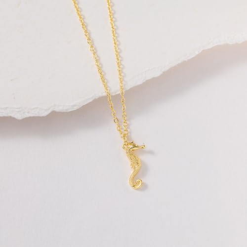 VRIUA Gold Necklace for Women - 14K Gold Plated Dainty Italian Horn Star of David Butterfly Bow Sun Lotus Volleyball Baseball Cowboy Boots Necklace Jewelry Everyday for Women - style: Seahorse
