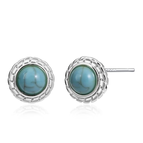 Tibetan Turquoise Earrings 925 Sterling Silver Post Stud Boho Gemstone Hypoallergenic Handmade Earrings for Women Trendy Fashion - style: Round B