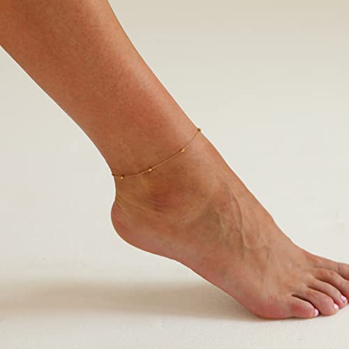 Dainty Ankle Bracelets for Women 18K Gold Plated Satellite Beaded Herringbone Lip Chain Anklets Simple Minimalist Summer Beach Foot Jewelry Christmas Gifts - color: Bead Chain -Gold