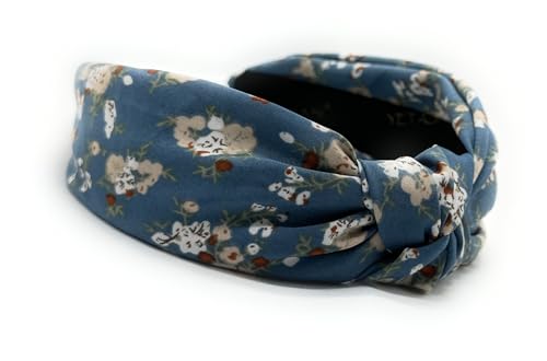 Fall Pastal Blue Bloom Floral for All Day, Colorful Autumn Flower Satin Headbands for Women, Silk Feel, Soft Fabric, Knotted Headband Fashion Designer Top Knot Womens Girl - color: Blue Bloom