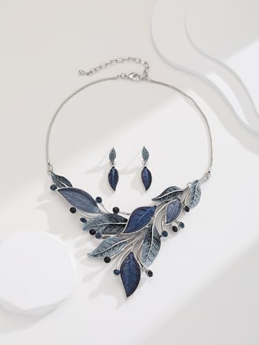 Vintage Chunky Statement Jewelry Set Retro Leaf Floral Geometric Bohemian Boho Bib Necklace Earring Set Fashion Costume Jewelry for Women Girls Wedding Party Prom Unique Gift - style: spring leaf-blue grey silver