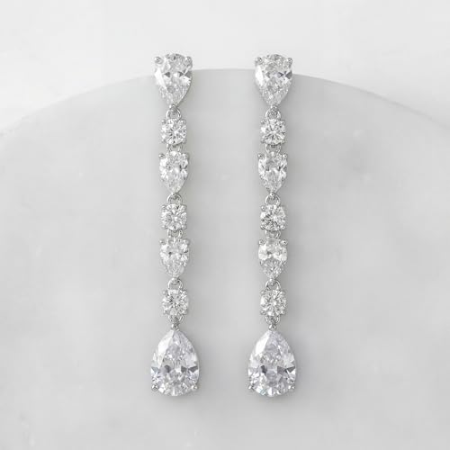 SWEETV Cubic Zirconia Dangle Earrings for Women, Teardrop Bridal Earrings for Wedding, Brides, Bridesmaids, Pear Shaped Drop Earrings for Women Prom Formal Party, Silver - color: Silver-Style1