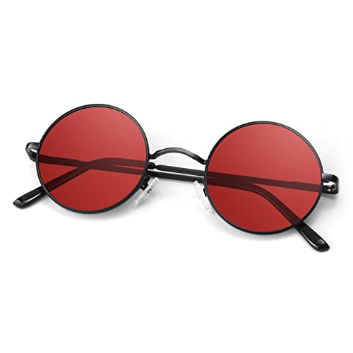 Round Polarized Sunglasses Men Women,Retro Metal Hippie Shades with 100% UV Protection - color: A02- Black Frame Red Lens