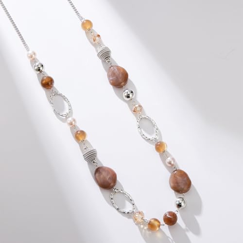 BULINLIN Beaded Long Necklace for Women Silver Sweater Chain Necklace with Crystal Resin Beads, Fashion Jewelry Necklace - color: Brown