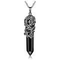 Top Plaza Antique Silver Flower Wrapped Natural Black Agate Healing Crystal Necklace - color: Black Agate
