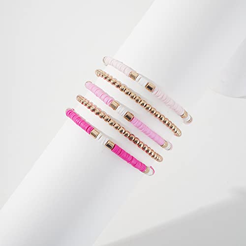 GOOJIDS Surfer Heishi Clay Bead Bracelets for Women Bohemian Stackable Gold Plated Beaded Stretch Bracelets Elastic Layering Friendship Bracelets Set Boho Jewelry - color: C-New Rose Color Sets