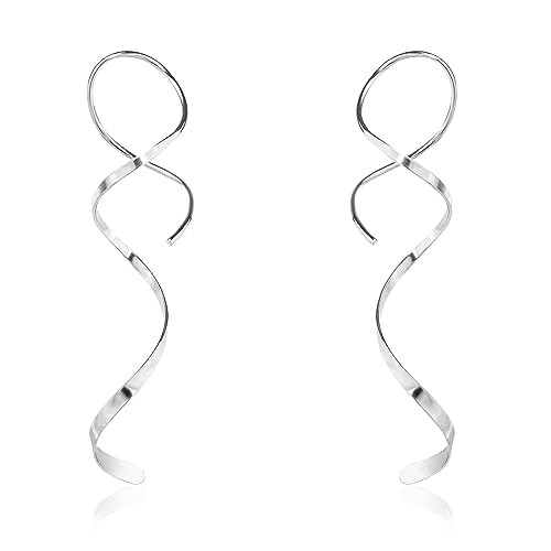 Handmade Spiral Threader Earrings Sterling Silver Hypoallergenic Twisted Pull Through Drop Dangle Earrings for Women - Silver & Gold - color: Long Silver