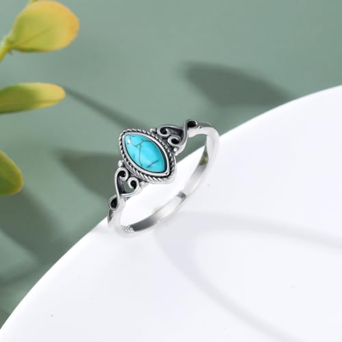 Real Turquoise Rings 925 Sterling Silver Natural Gemstone Olive Shape Ring Boho Western Jewelry Gifts for Women