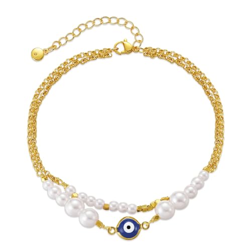 Yumikoo 18k Gold Plated Anklet Ankle Bracelets for Women - style: Evil Eye Pearl