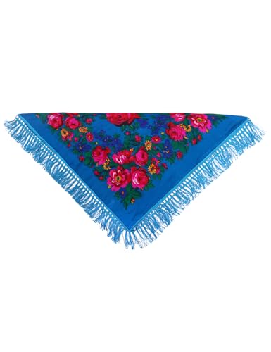 MJ SERECA Acrylic Bandana Printed Hair Scarf Square Ukrainian Head Scarf Floral Babushka Neck Scarf for Women 30"/42"/60" - color: Blue With Tassel