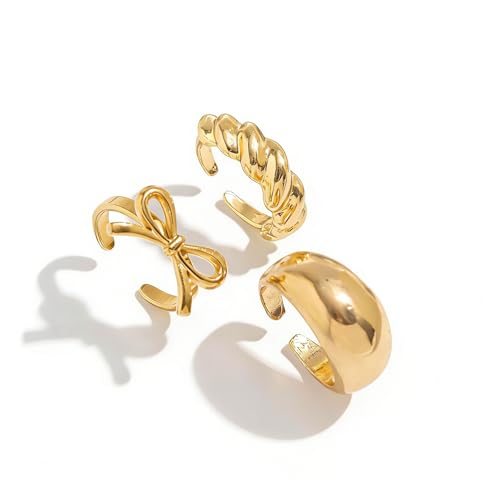 Chunky Gold Rings for Women Non Tarnish Silver Chunky Rings Set Adjustable Thick Statement Ring Gold Stackable Ring for Women Trendy Fashion Silver Jewelry - style: Style7-Gold Bow