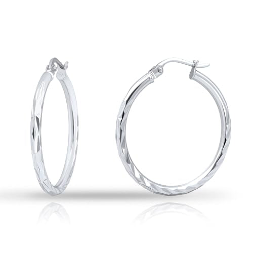 Hoops & Loops 925 Sterling Silver Diamond-Cut Hoop Earrings for Women, 2mm Textured Lightweight Click Top Hoops, 15mm 20mm 25mm 30mm, Silver 14k Yellow Gold & Rose Gold Flash Plated - color: Silver - 25mm (1'')