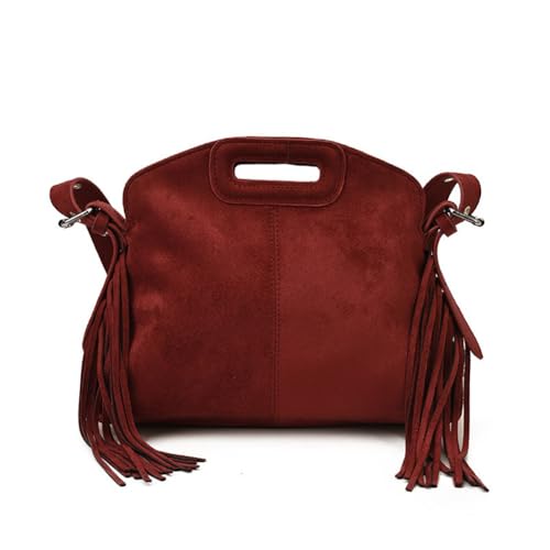 Women's Suede Fringe Crossbody Bag, Retro Hollow Handle Shoulder Purse, Novelty Fashion Tassels Bucket Bag Handbag - color: Red