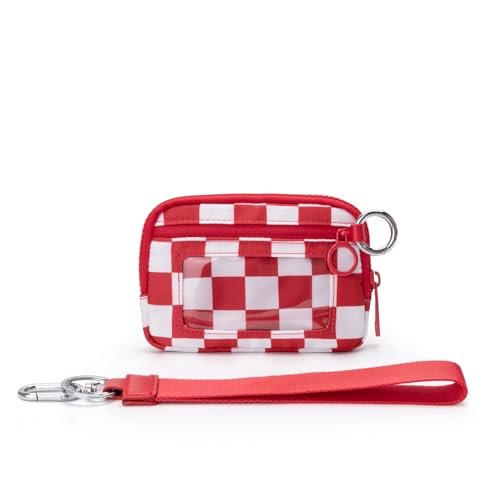 Wristlet Wallet for Women Mini Zip Card Case with Clear ID Window Zipper Coin Purse Lightweight Portable Keychain Wallet - color: Red White