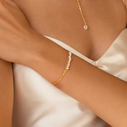 SLOONG Gold Pearl Bracelets for Women Trendy, 14K Gold Plated Dainty Stackable Layered Chain Bridesmaid Bracelets, Waterproof Wedding Jewelry for Women Adjustable 6"+2" - color: Style2(Pearl)