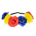 BOHO Floral Crown Rose Flower Headband Hair Wreath (Red Yellow Blue Elastic Ribbon) - color: Red Yellow Blue Elastic Ribbon