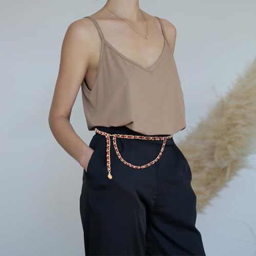YooAi Chain Belts Leather Waist Belt for Women Layered Metal Chain Belt - size: XL/2XL: fits waist from 41"-46", style: Red