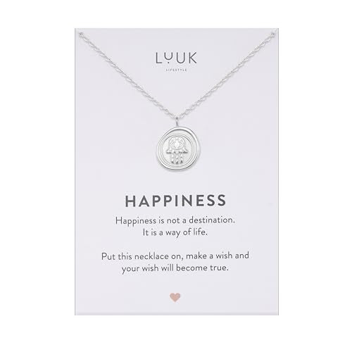 LUUK LIFESTYLE Minimalist necklace with rainbow pendant, HAPPINESS slogan card, symbol of diversity, waterproof stainless steel, gift for women, trendy, chic, silver - color: Silver, size: Hamsa hand