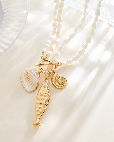 Gold Fish Necklace For Women Blued Beaded Strand Toggle Necklace With Gold Fish Pendants Dainty Summer Beach Turquoise Jewelry - style: Puka Shell