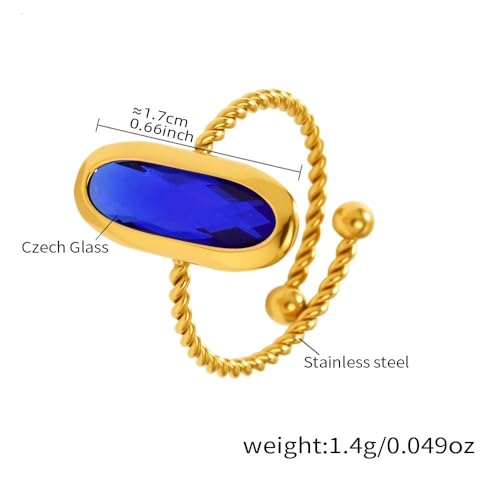 18K Gold Plated Adjustable Twisted Rings for Women Non Tarnish Oval Czech Glass Stone Stainless Steel Statement Rings Open Gemstone Boho Stackable Band Jewelry - color: Royal Blue