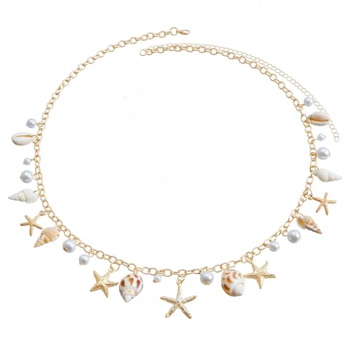 Gold Starfish Seashell Waist Chain Belt for Women Boho Mermaid Pearl Body Chain Summer Beach Vacation Bikini Jewelry Accessories - style: Starfish and conch