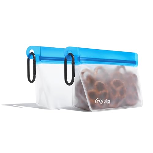 (re)zip On-the-Go Stand Up Small 1-Cup Clip-On Bags with 2 Carabiners, 2-Pack Cobalt - Reusable Bags | Leakproof, Water-Resistant for Snacks, Laptop Accessories Cables, Cords, USB Drives, Earphones - color: Cobalt